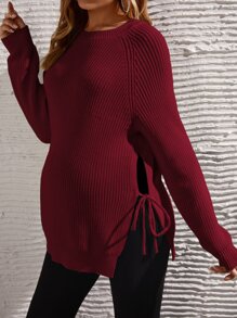 SHEIN Maternidad Jersey de manga raglán con abertura con nudo lateral - Burdeos - Ver 1