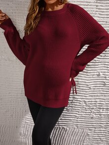 SHEIN Maternidad Jersey de manga raglán con abertura con nudo lateral - Burdeos - Ver 3