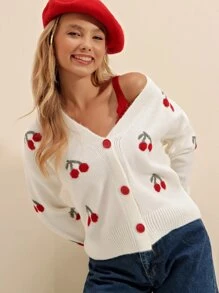 RueChic Casual Fruit & groenten Cardigan Voorpand met Knoopjes