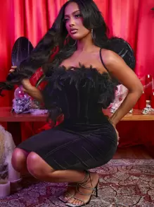 Fuzzy Trim Seam Front Bodycon Dress Without Wings - Black - View 3