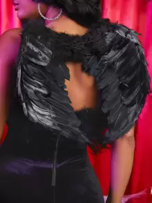 Fuzzy Trim Seam Front Bodycon Dress Without Wings - Black - View 4