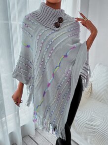 SHEIN PETITE Textured Knit Fringe Trim Turtleneck Knit Poncho - Grey - View 1