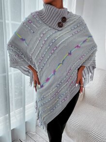 SHEIN PETITE Textured Knit Fringe Trim Turtleneck Knit Poncho - Grey - View 3