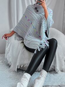 SHEIN PETITE Textured Knit Fringe Trim Turtleneck Knit Poncho - Grey - View 5