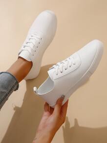 Lace-Up Front Skate Shoes,Women's White Round-Toe Lace-Up Foreign Trade Classic Shoes Campus Style Shoes - White - View 1
