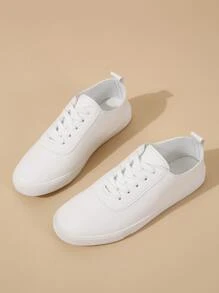 Lace-Up Front Skate Shoes,Women's White Round-Toe Lace-Up Foreign Trade Classic Shoes Campus Style Shoes - White - View 2