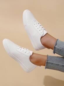Lace-Up Front Skate Shoes,Women's White Round-Toe Lace-Up Foreign Trade Classic Shoes Campus Style Shoes - White - View 3