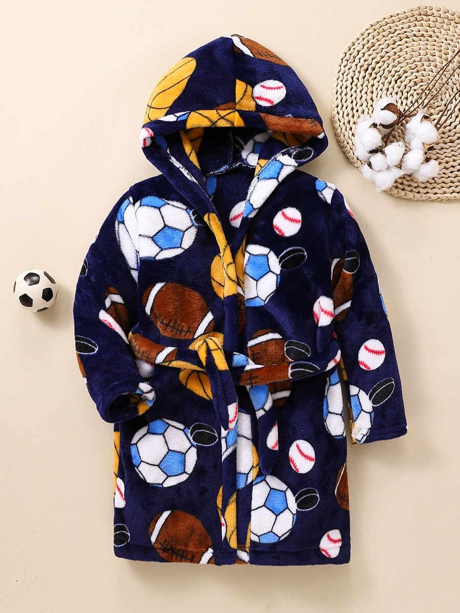 Niños Bata de dormir fútbol con capucha con cinturón de franela - Azul Marino - Ver 1