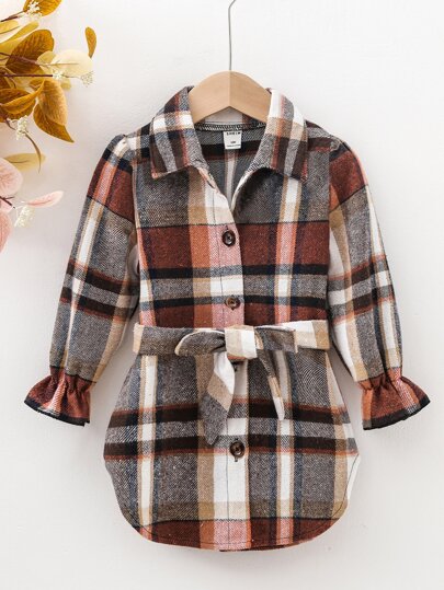 Toddler Girls Plaid Flounce Sleeve Belted Dress