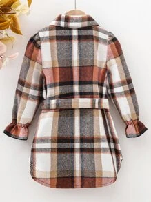 小女童格紋荷葉袖繫腰帶洋裝