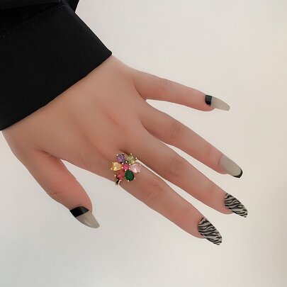 Cubic Zirconia Flower Decor Cuff Ring