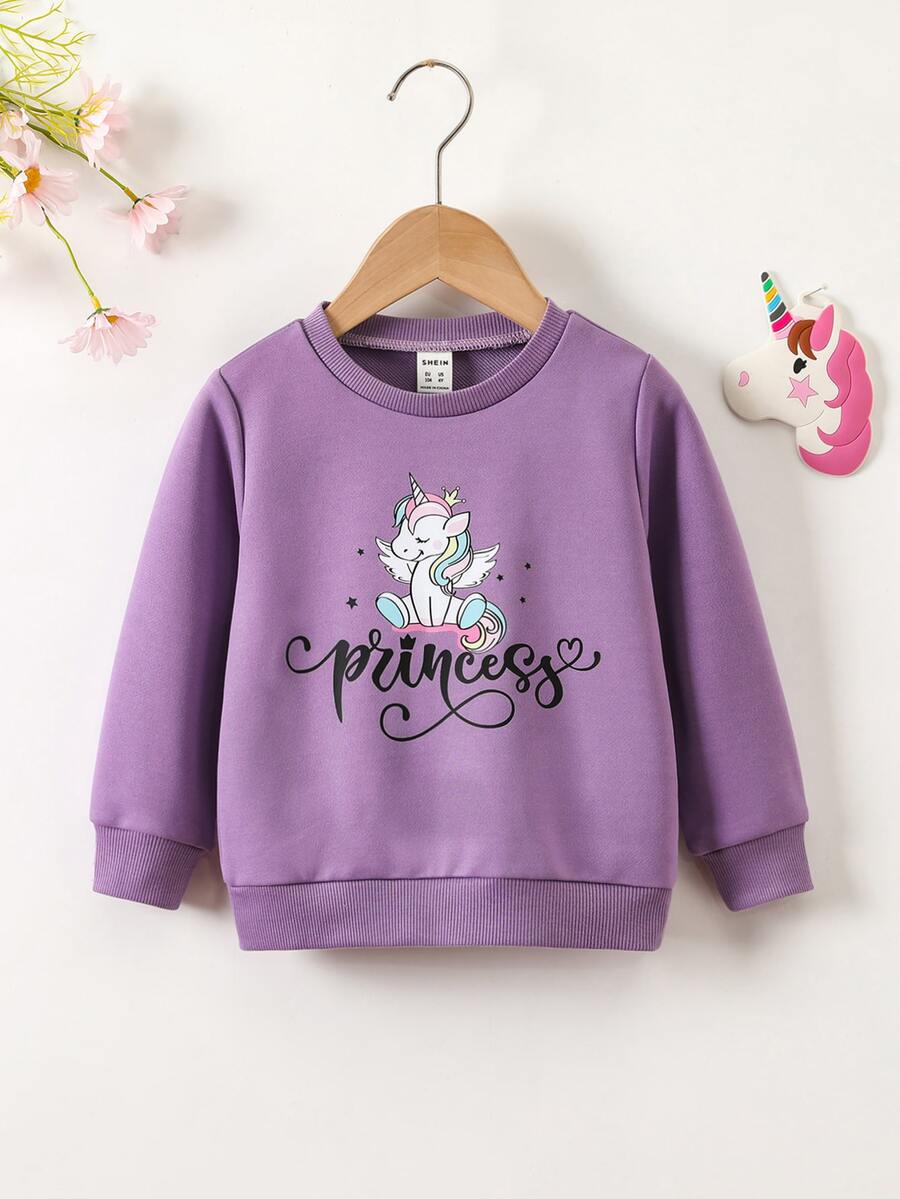 SHEIN 小女童獨角獸和字母圖案運動衫 - 紫色 - 查看 1