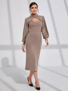 Modelyn 小高領燈籠袖女式緊身短套衫套頭毛衣和毛衣裙