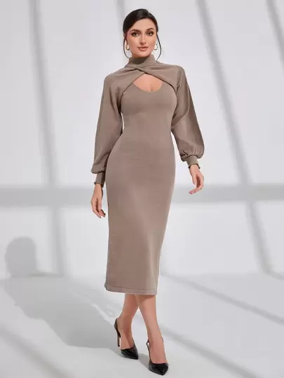 Modelyn 小高領燈籠袖女式緊身短套衫套頭毛衣和毛衣裙