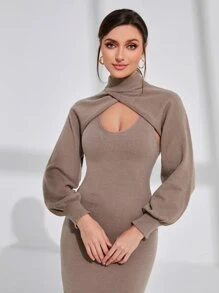 Modelyn 小高領燈籠袖女式緊身短套衫套頭毛衣和毛衣裙