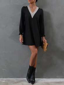 SHEIN Clasi Guipure Lace Insert Flounce Sleeve Dress - Black - View 3