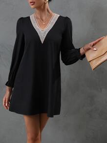 SHEIN Clasi Guipure Lace Insert Flounce Sleeve Dress - Black - View 4