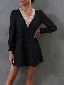 SHEIN Clasi Guipure Lace Insert Flounce Sleeve Dress - Black - View 5