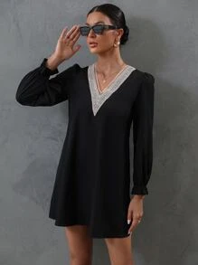 SHEIN Clasi Guipure Lace Insert Flounce Sleeve Dress - Black - View 6