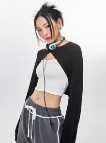 DAZY Raglan Sleeve Super Crop Top Without Camisole - Black - View 1