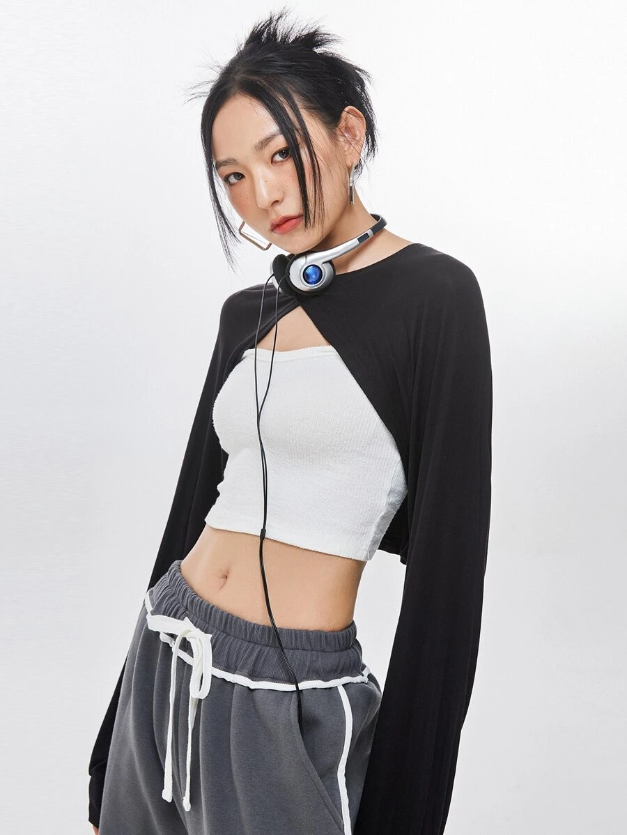 DAZY Raglan Sleeve Super Crop Top Without Camisole - Black - View 1