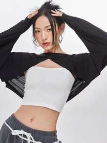 DAZY Raglan Sleeve Super Crop Top Without Camisole - Black - View 3