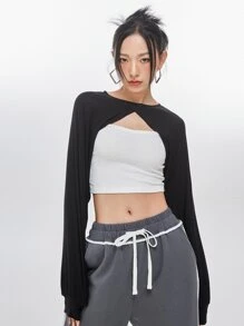 DAZY Raglan Sleeve Super Crop Top Without Camisole - Black - View 4