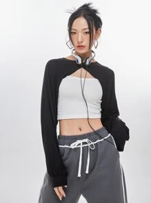 DAZY Raglan Sleeve Super Crop Top Without Camisole - Black - View 5