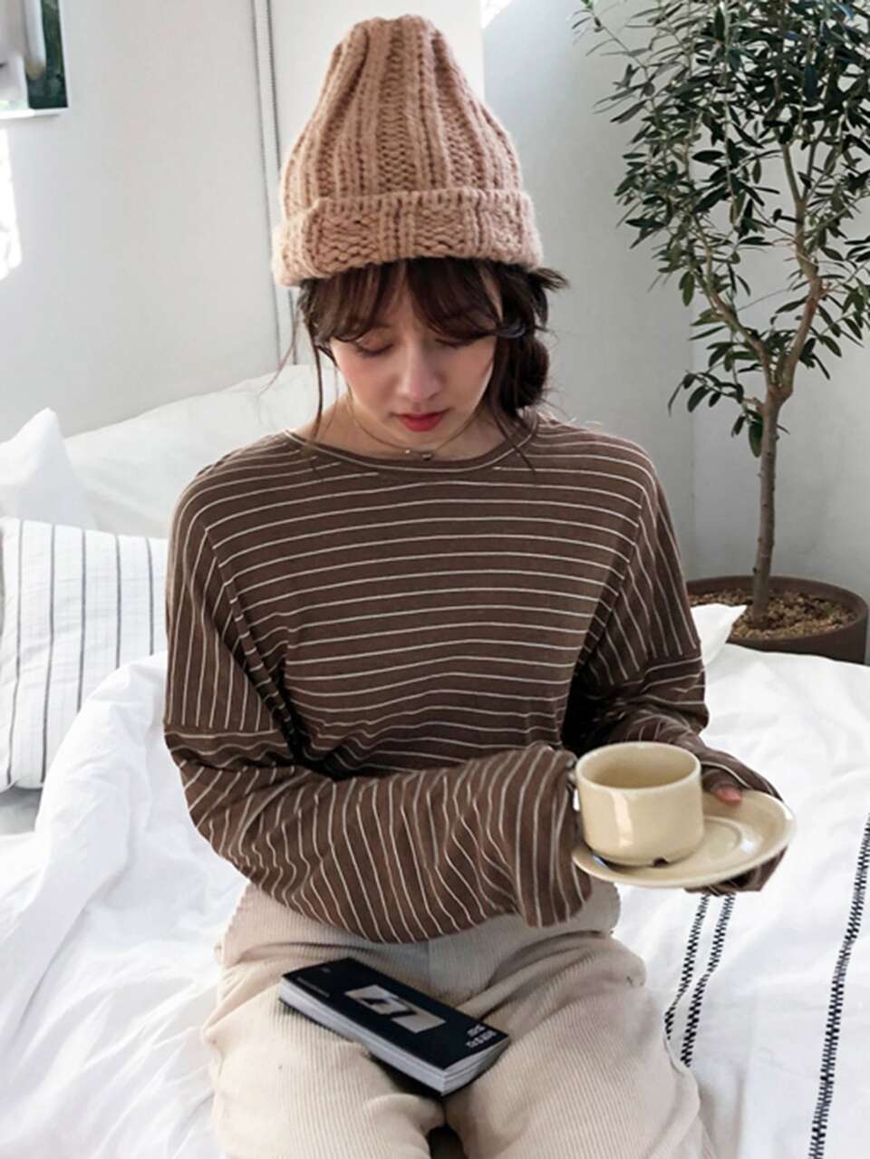 Striped Drop Shoulder Tee,Fall Clothes,Back To School Clothes Long Sleeve Women Tops