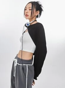 DAZY Raglan Sleeve Super Crop Top Without Camisole - Black - View 6