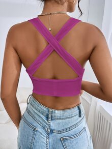 SHEIN Privé Ribbed Plunge Crisscross Crop Top - Hot Pink - View 2