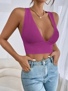 SHEIN Privé Ribbed Plunge Crisscross Crop Top - Hot Pink - View 3