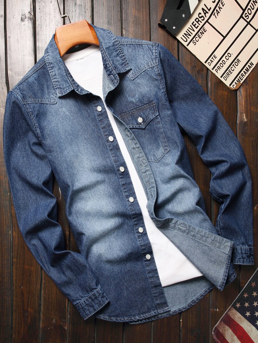 Manfinity Homme Men Cotton Bleach Wash Denim Shirt Without Tee - Dark Wash - View 1