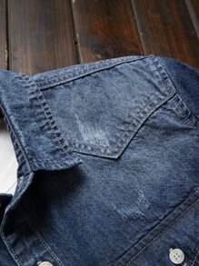 Manfinity Homme Men Cotton Bleach Wash Denim Shirt Without Tee - Dark Wash - View 7