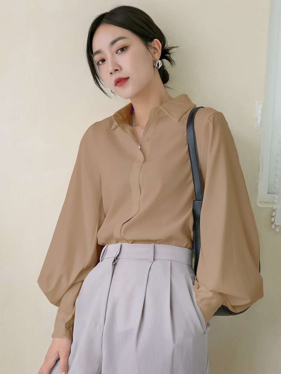 DAZY Camisa de manga farol con botones frontales sólidos, top de manga larga para otoño - Caqui - Ver 1