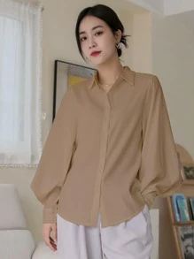 DAZY Camisa de manga farol con botones frontales sólidos, top de manga larga para otoño - Caqui - Ver 4