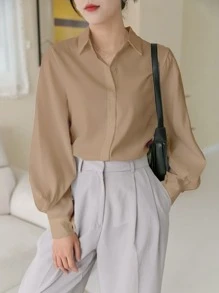 DAZY Camisa de manga farol con botones frontales sólidos, top de manga larga para otoño - Caqui - Ver 5