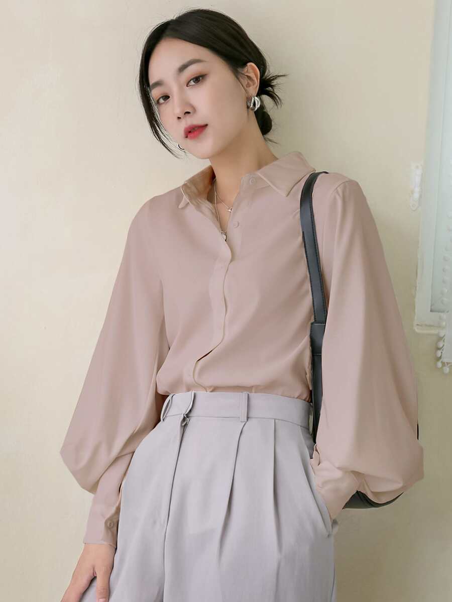 DAZY Solid Button Front Lantern Sleeve Shirt,Fall Women Clothes - Dusty Pink - View 1