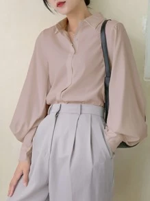 DAZY Solid Button Front Lantern Sleeve Shirt,Fall Women Clothes - Dusty Pink - View 3