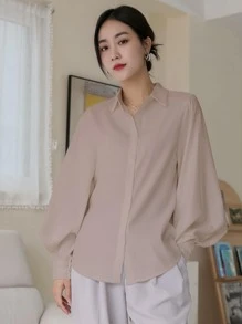 DAZY Solid Button Front Lantern Sleeve Shirt,Fall Women Clothes - Dusty Pink - View 4