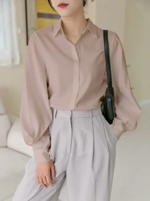 DAZY Solid Button Front Lantern Sleeve Shirt,Fall Women Clothes - Dusty Pink - View 5