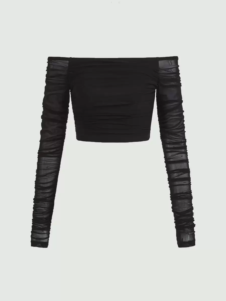 SHEIN MOD Off Shoulder Ruched Mesh One Shoulder Black Top