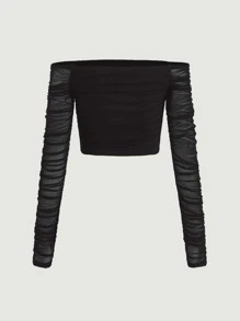 SHEIN MOD Off Shoulder Ruched Mesh One Shoulder Black Top