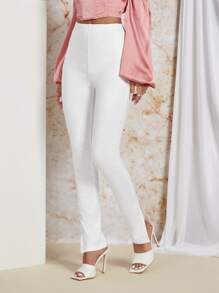 SHEIN Split Hem Skinny Trousers - White - View 1