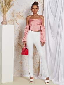 SHEIN Split Hem Skinny Trousers - White - View 3