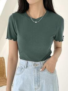 DAZY Lettuce Trim Ribbed Knit Tee Summer - Dark Green - View 4