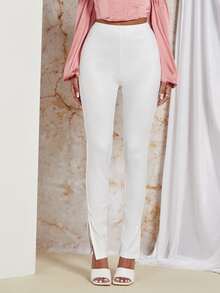 SHEIN Split Hem Skinny Trousers - White - View 5