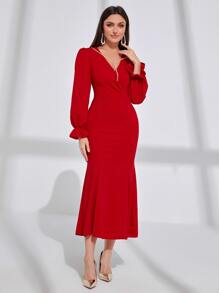 Modelyn Surplice Neck Flounce Sleeve Dress - Red - View 1