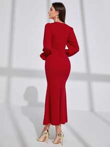 Modelyn Surplice Neck Flounce Sleeve Dress - Red - View 2