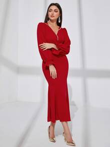 Modelyn Surplice Neck Flounce Sleeve Dress - Red - View 5